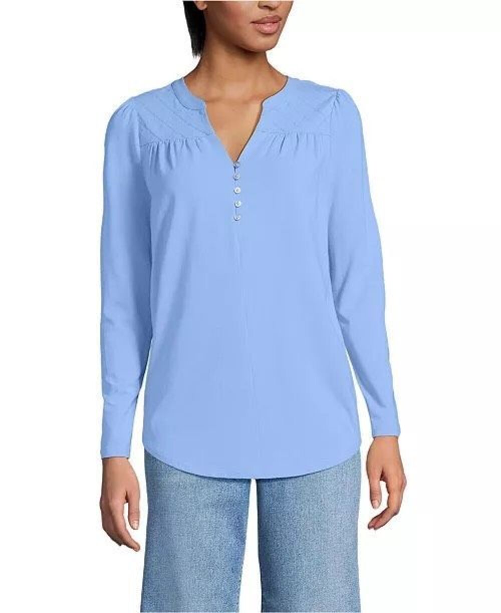 Lands End XL/18 Clear Blue Sky Embroidered Trim Notch Neck Tunic Long Sleeve NEW
